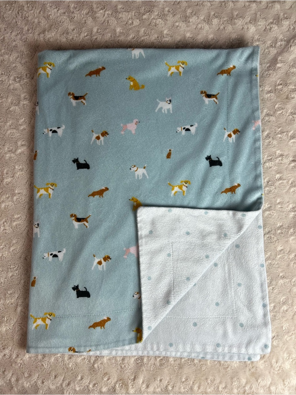 Lila & Jack Puppy Dog Breeds Baby Blanket Blue White Polka Dots Reversible